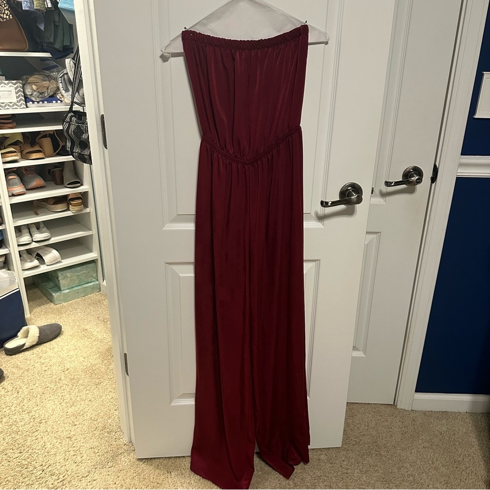 strapless maroon silk jumpsuit